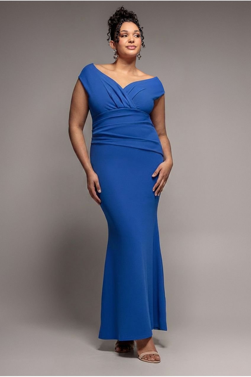 Goddiva Plus Bardot Pleated Maxi Dress – Royal Blue