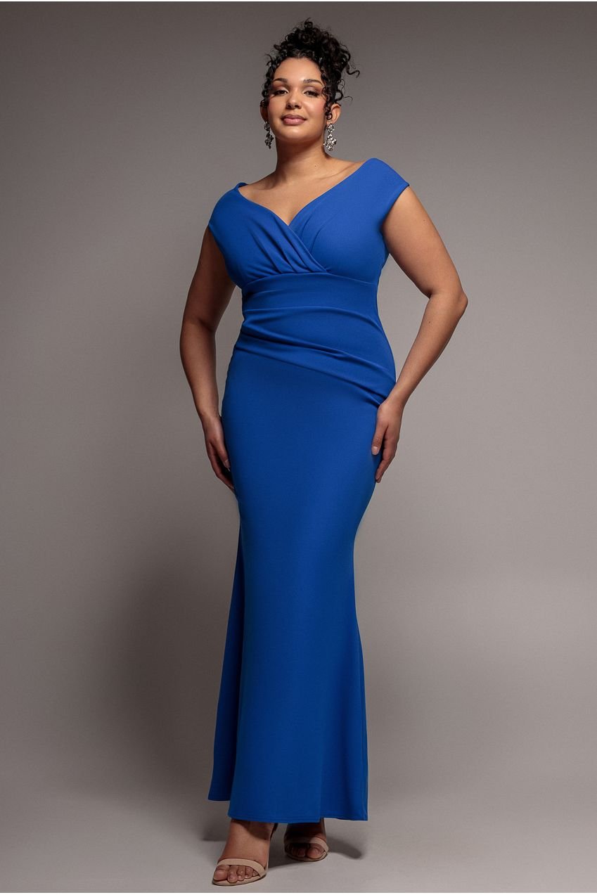 Goddiva Plus Bardot Pleated Maxi Dress – Royalblue