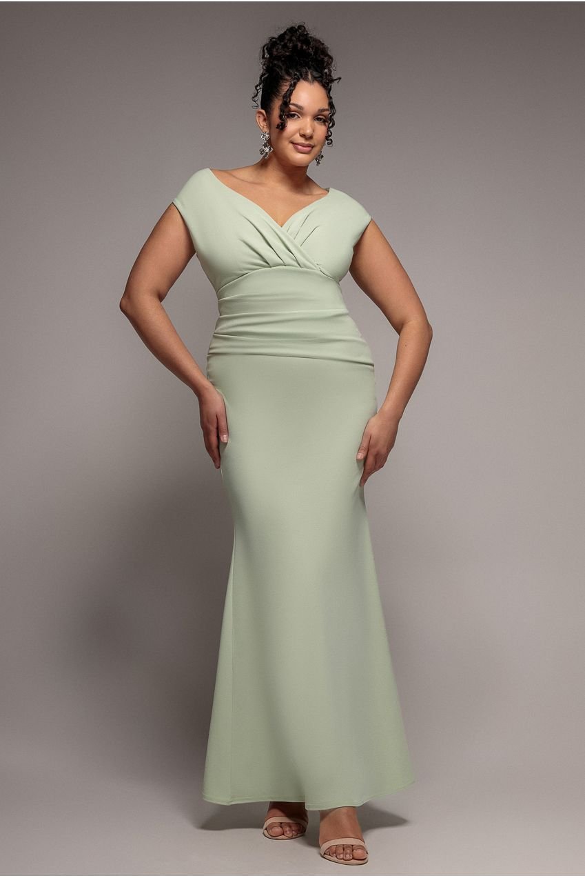 Goddiva Plus Bardot Pleated Maxi Dress – Sage Green
