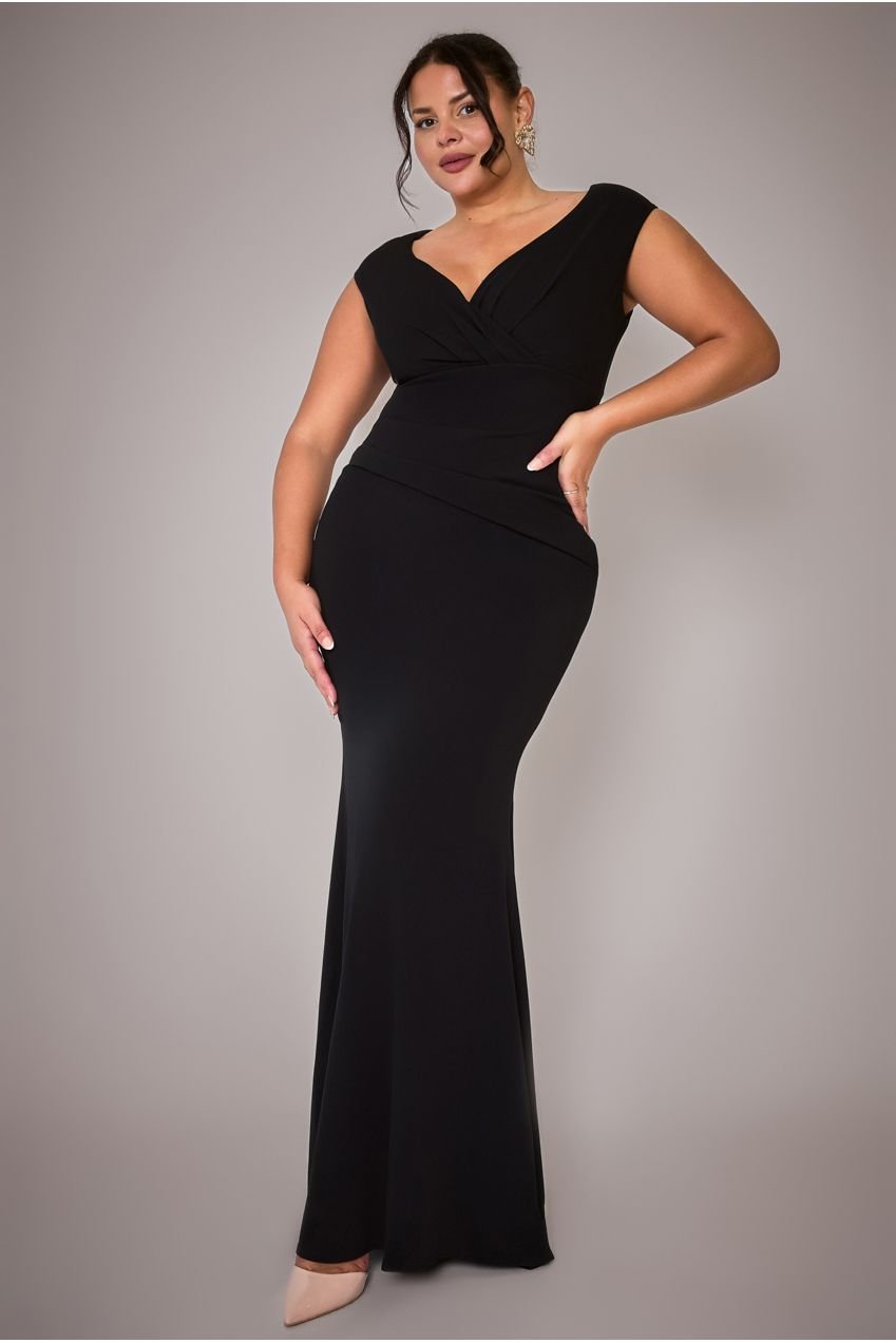 Goddiva Plus Bardot Pleated Maxi Dress – Black