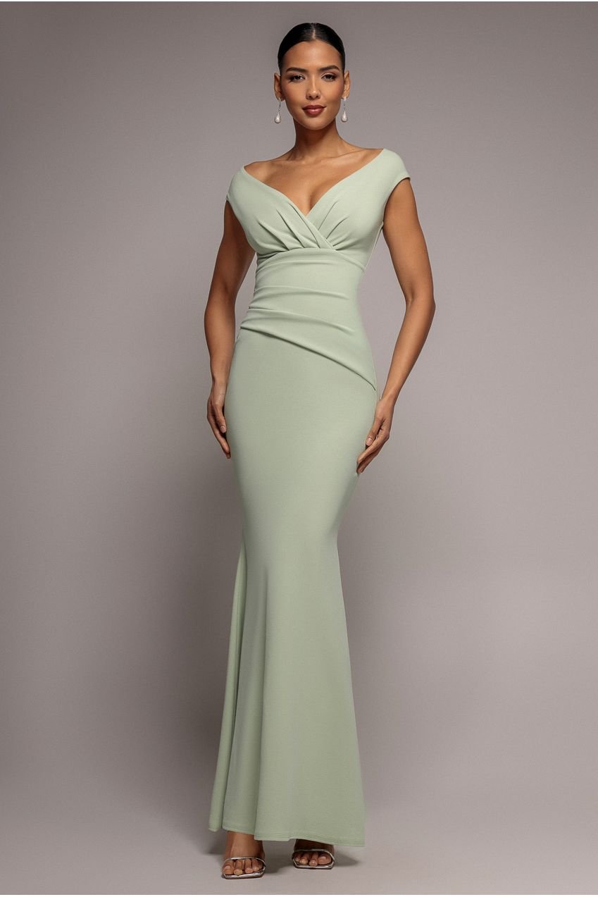Goddiva Bardot Pleated Maxi Dress – Sage Green