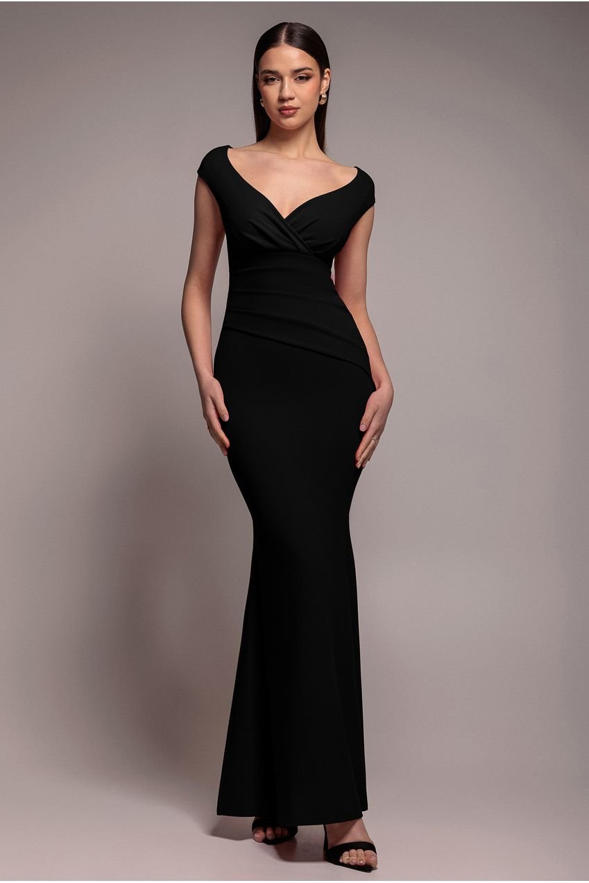 Goddiva Bardot Pleated Maxi Dress – Black