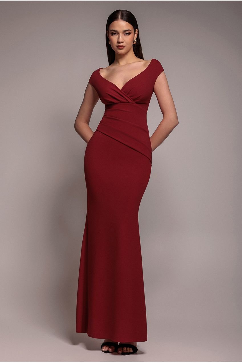 Goddiva Bardot Pleated Maxi Dress – Burgundy