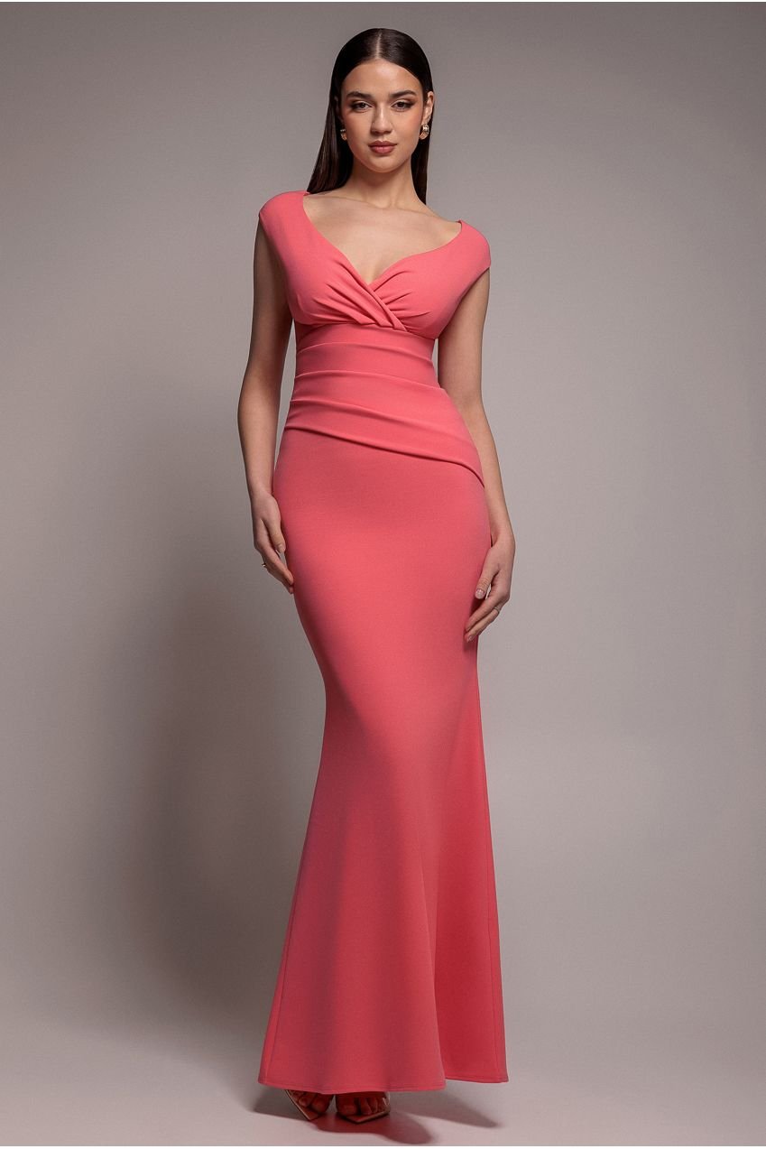 Goddiva Bardot Pleated Maxi Dress – Coral