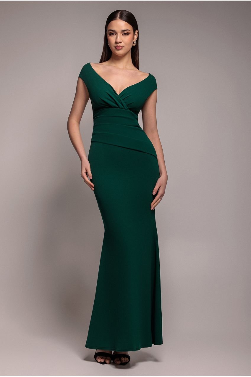 Goddiva Bardot Pleated Maxi Dress – EmeraldGreen