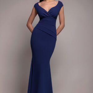 Goddiva Bardot Pleated Maxi Dress - Navy Blue