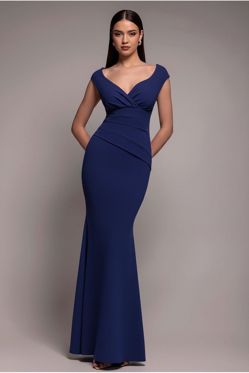 Goddiva Bardot Pleated Maxi Dress – Navy Blue