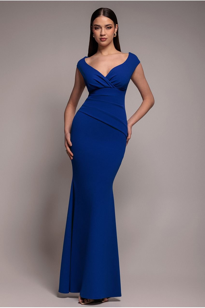 Goddiva Bardot Pleated Maxi Dress – Royal Blue