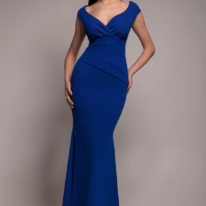 Goddiva Bardot Pleated Maxi Dress - Royal Blue