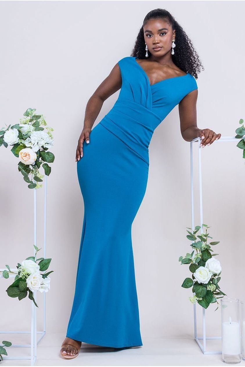 Goddiva Bardot Pleated Maxi Dress – Teal Blue