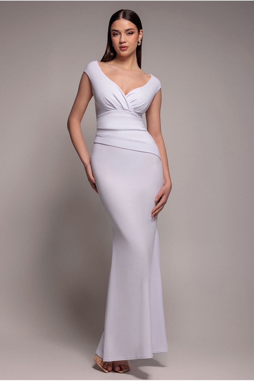 Goddiva Bardot Pleated Maxi Dress – White