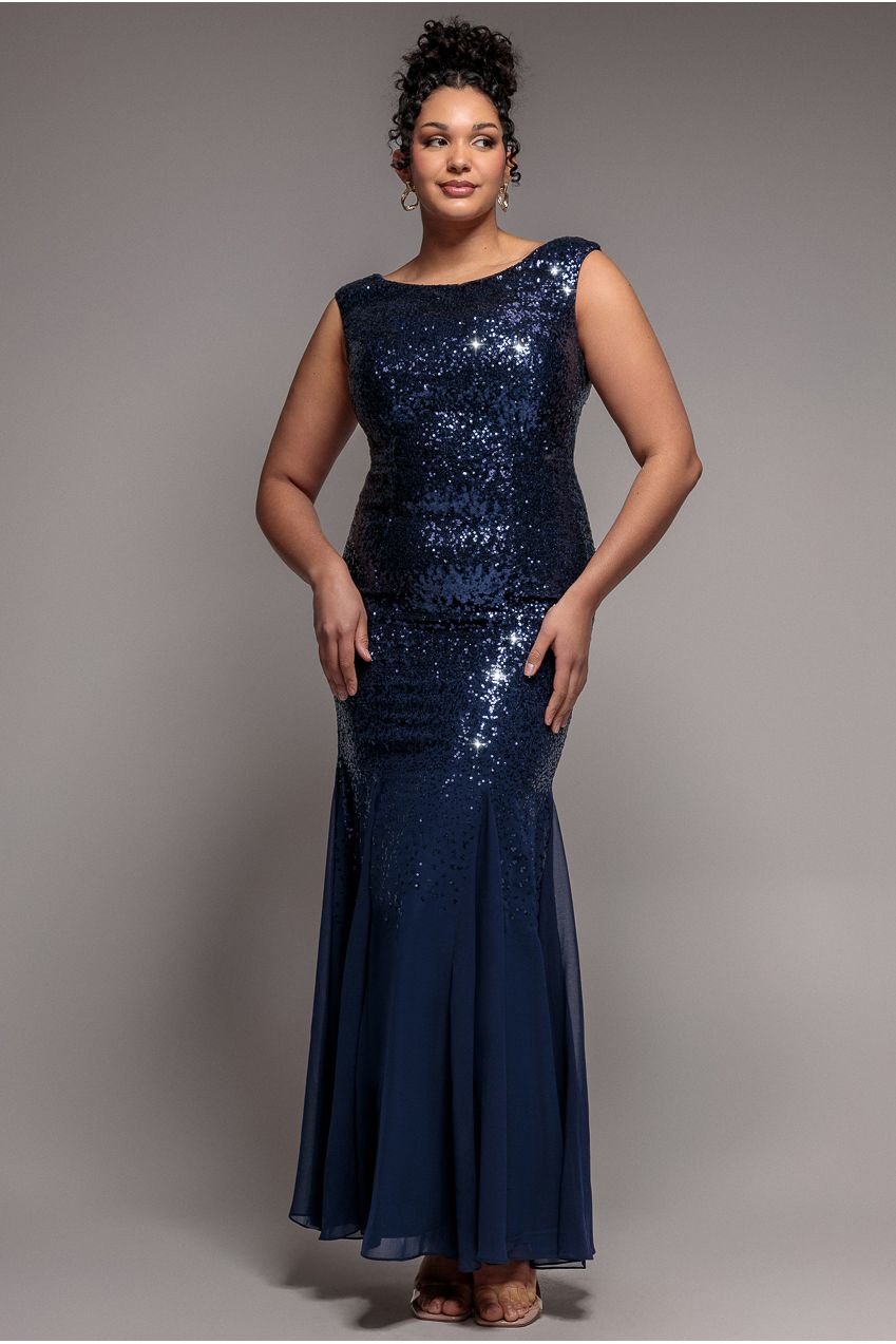 Goddiva Plus Chiffon & Sequin Embroidered Bardot Maxi Dress – Navy Blue
