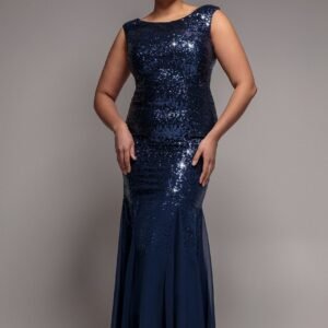 Goddiva Plus Chiffon & Sequin Embroidered Bardot Maxi Dress - Navy Blue