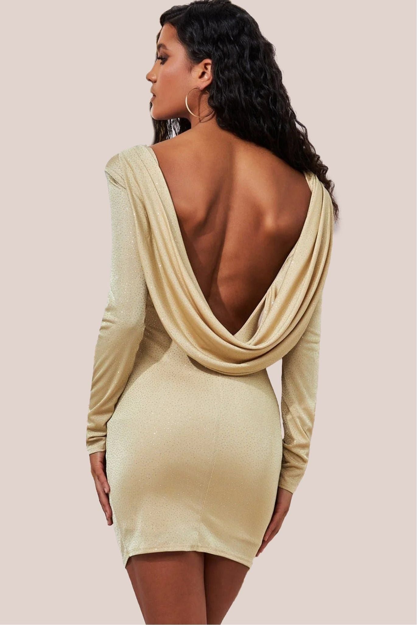 Goddiva Glitter Cowl Back Mini With Sleeves – Gold
