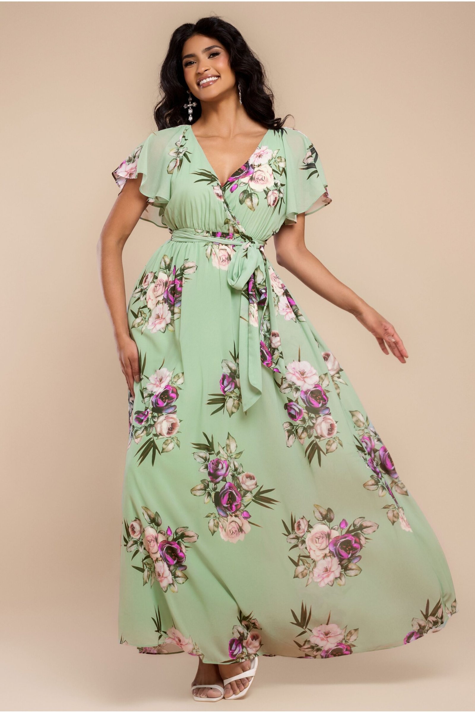 Goddiva Sustainable Printed Flutter Sleeve Maxi Dress – Duck Egg