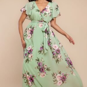 Goddiva Sustainable Printed Flutter Sleeve Maxi Dress - Duck Egg