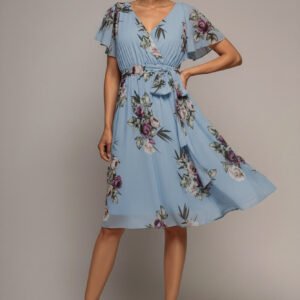 Goddiva Sustainable Floral Print Midi Wrap Dress With Flutter Sleeves - Airforce Blue