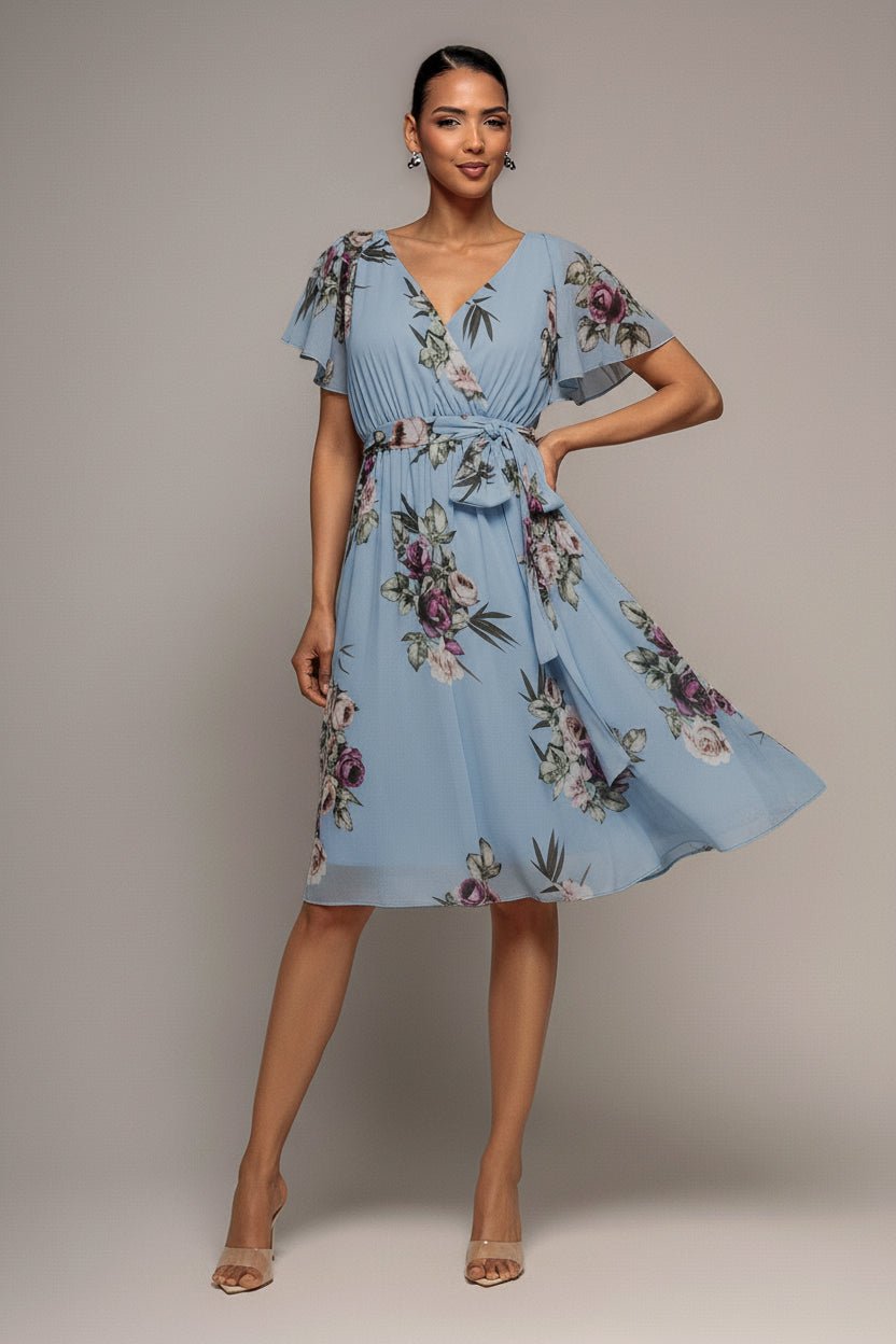 Goddiva Sustainable Floral Print Midi Wrap Dress With Flutter Sleeves – Airforce Blue