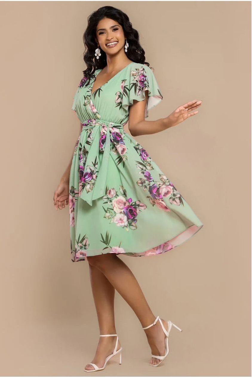 Goddiva Sustainable Floral Print Midi Wrap Dress With Flutter Sleeves – Duck Egg