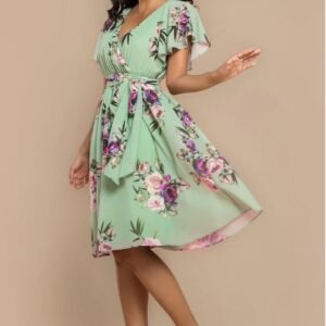 Goddiva Sustainable Floral Print Midi Wrap Dress With Flutter Sleeves - Duck Egg