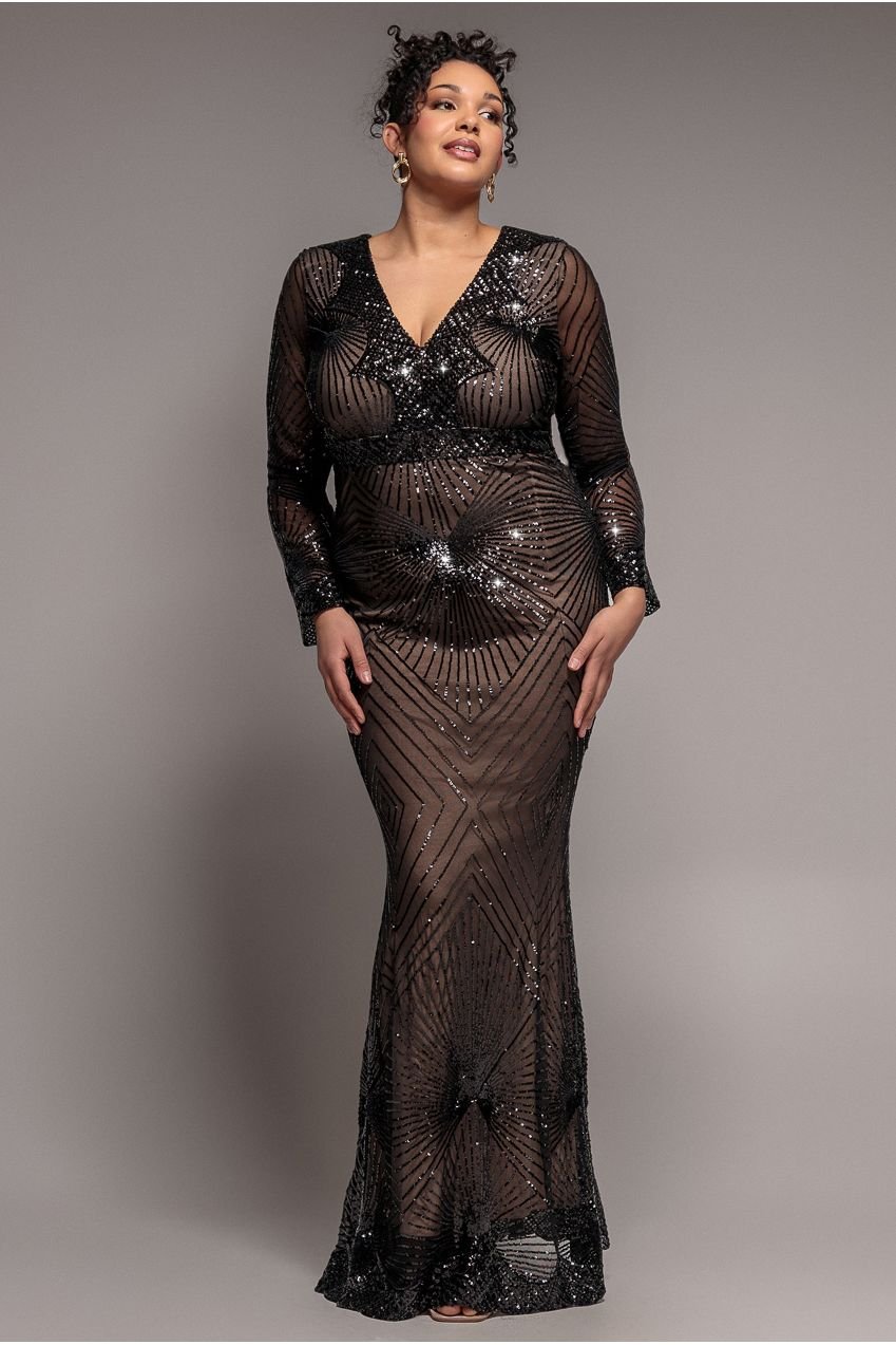 Goddiva Plus Starburst Sequin Maxi Dress – Black