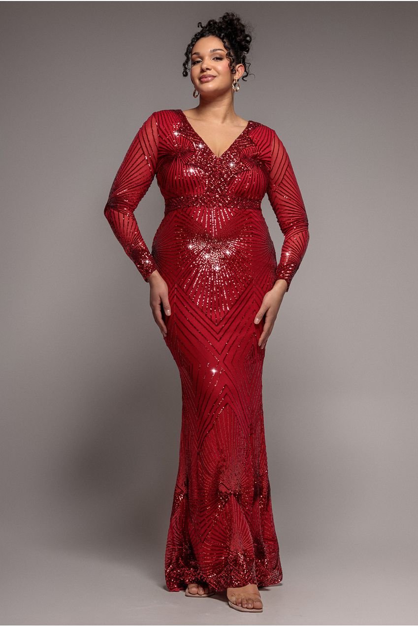 Goddiva Plus Starburst Sequin Maxi Dress – Red
