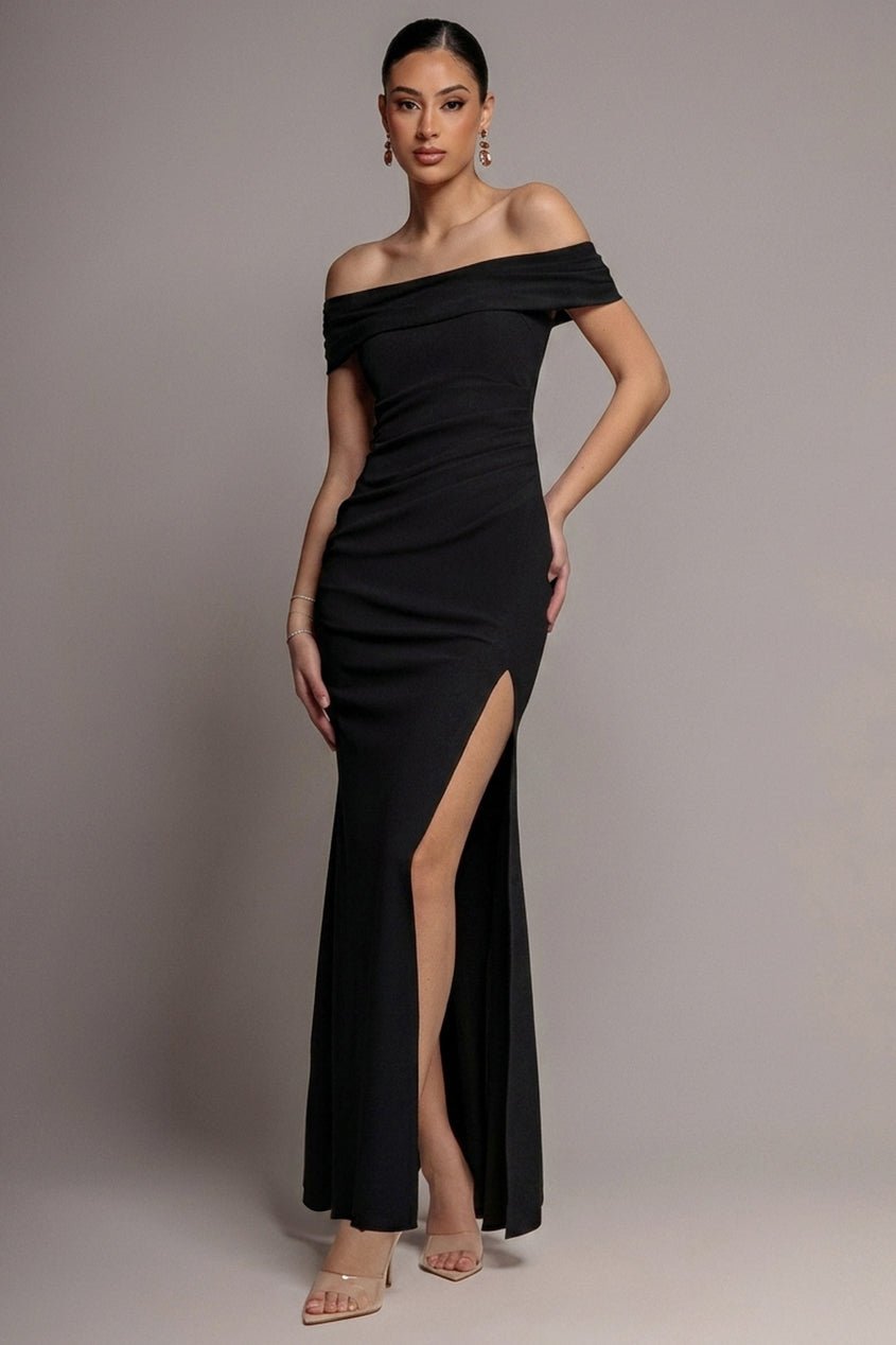 Goddiva Off The Shoulder Maxi Dress With Split – Black