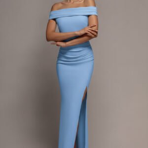 Goddiva Off The Shoulder Maxi Dress With Split - Powder Blue