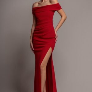 Goddiva Off The Shoulder Maxi Dress With Split - Red