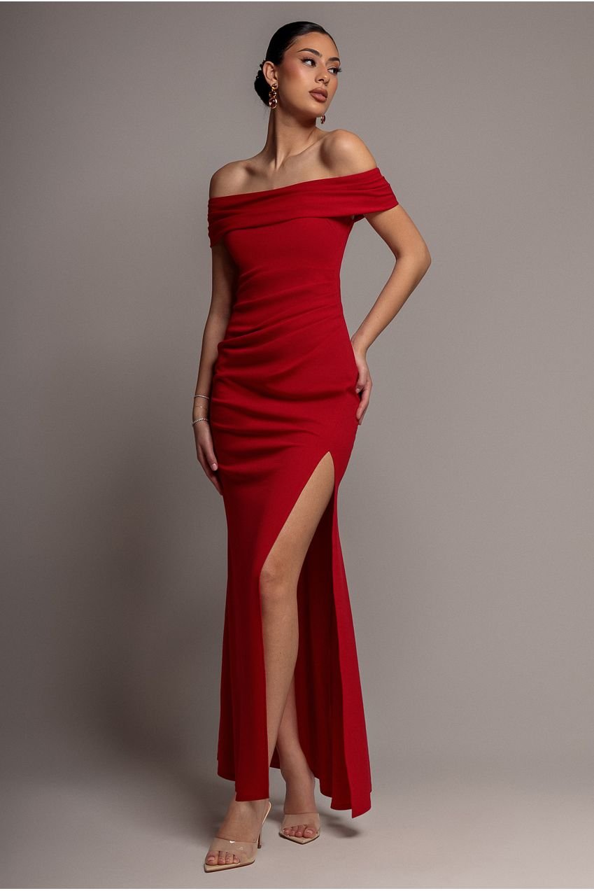 Goddiva Off The Shoulder Maxi Dress With Split – Red