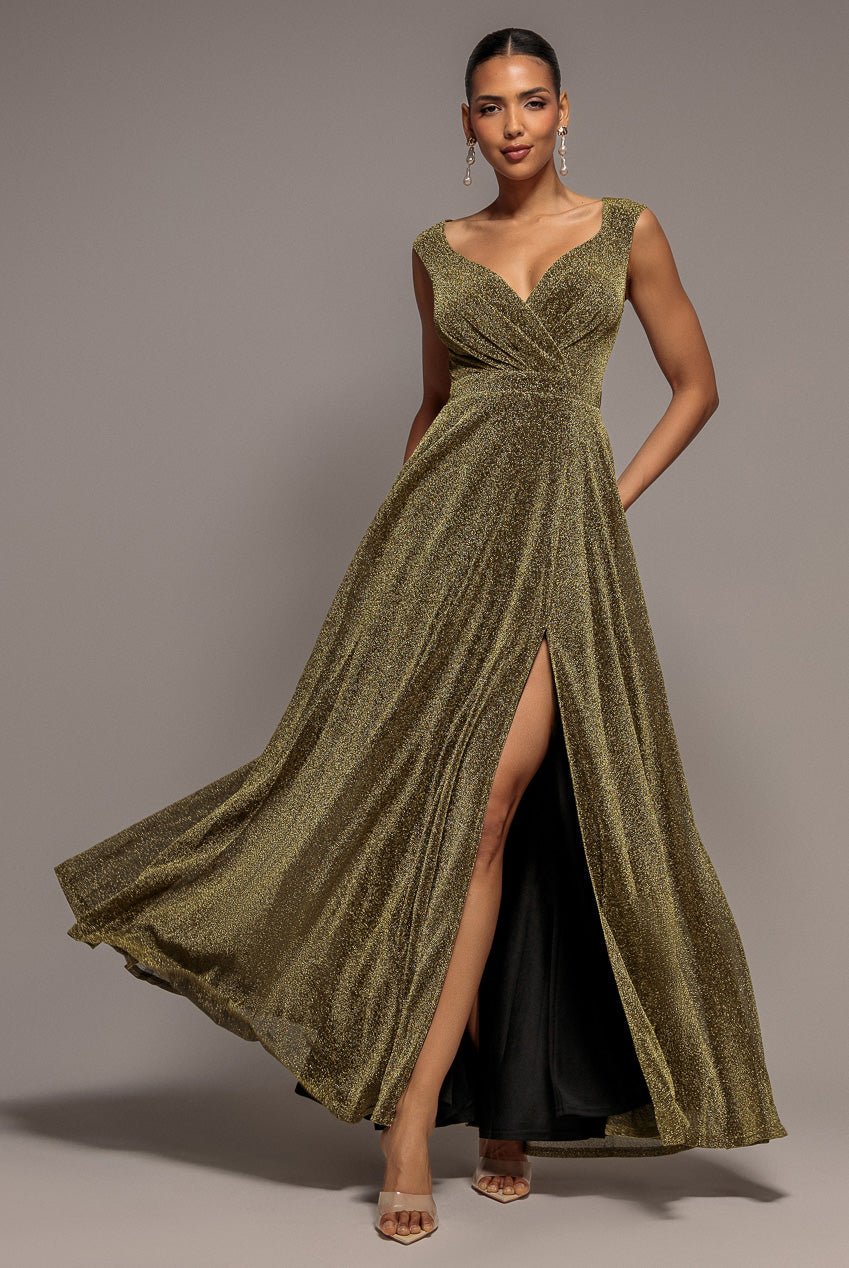 Goddiva Crossover Lurex Glitter Maxi Dress – Brown