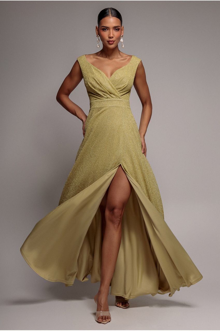 Goddiva Crossover Lurex Glitter Maxi Dress – Gold