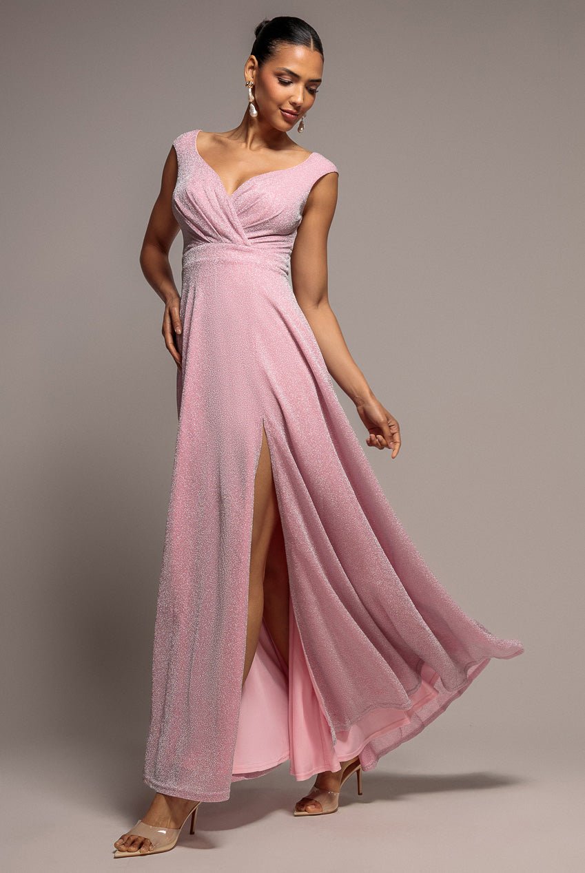 Goddiva Crossover Lurex Glitter Maxi Dress – Pink