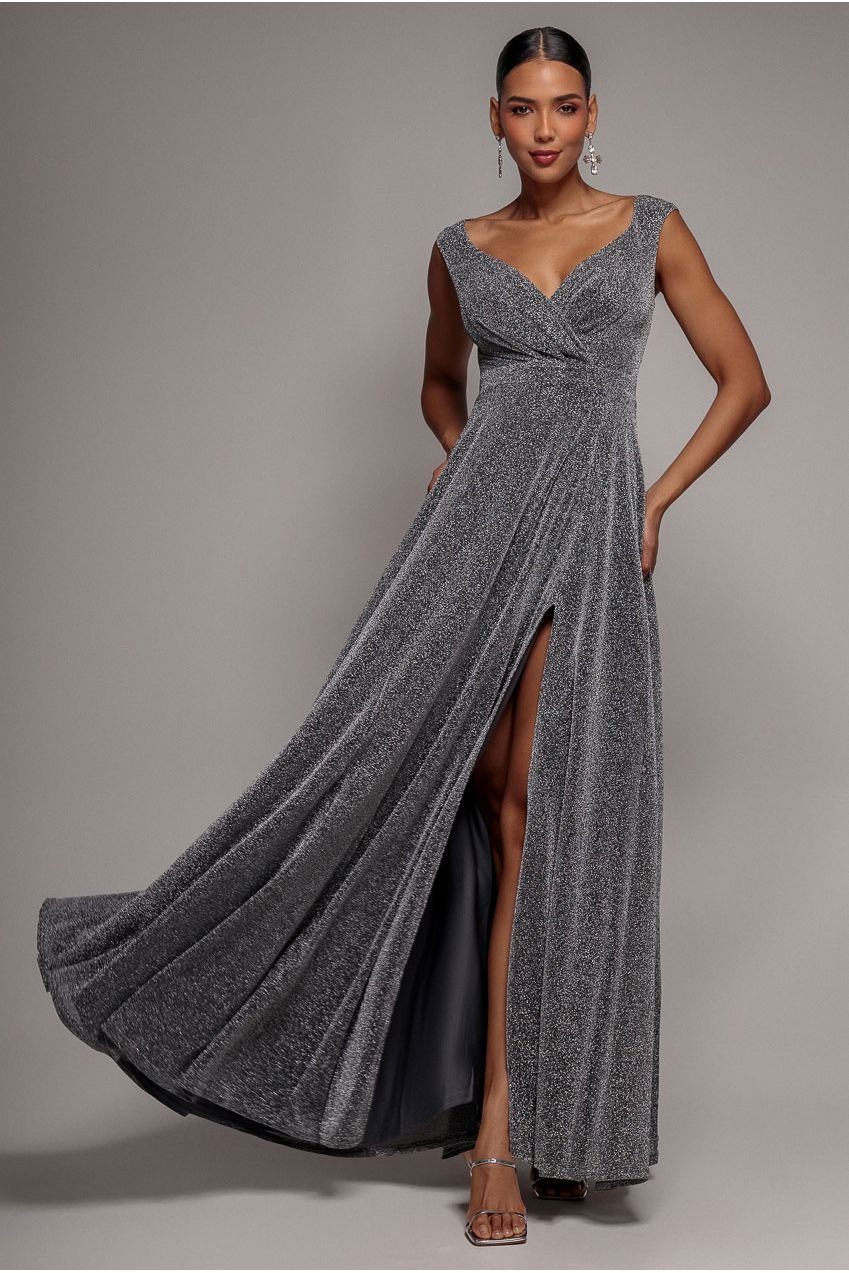 Goddiva Crossover Lurex Glitter Maxi Dress – Silver