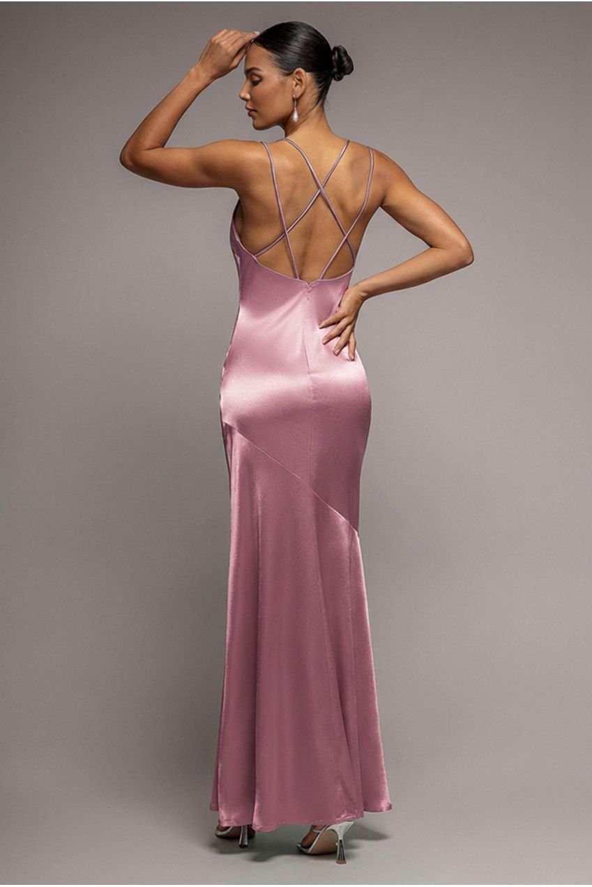 Goddiva Cowl Neck With Strappy Back Satin Maxi – Blush