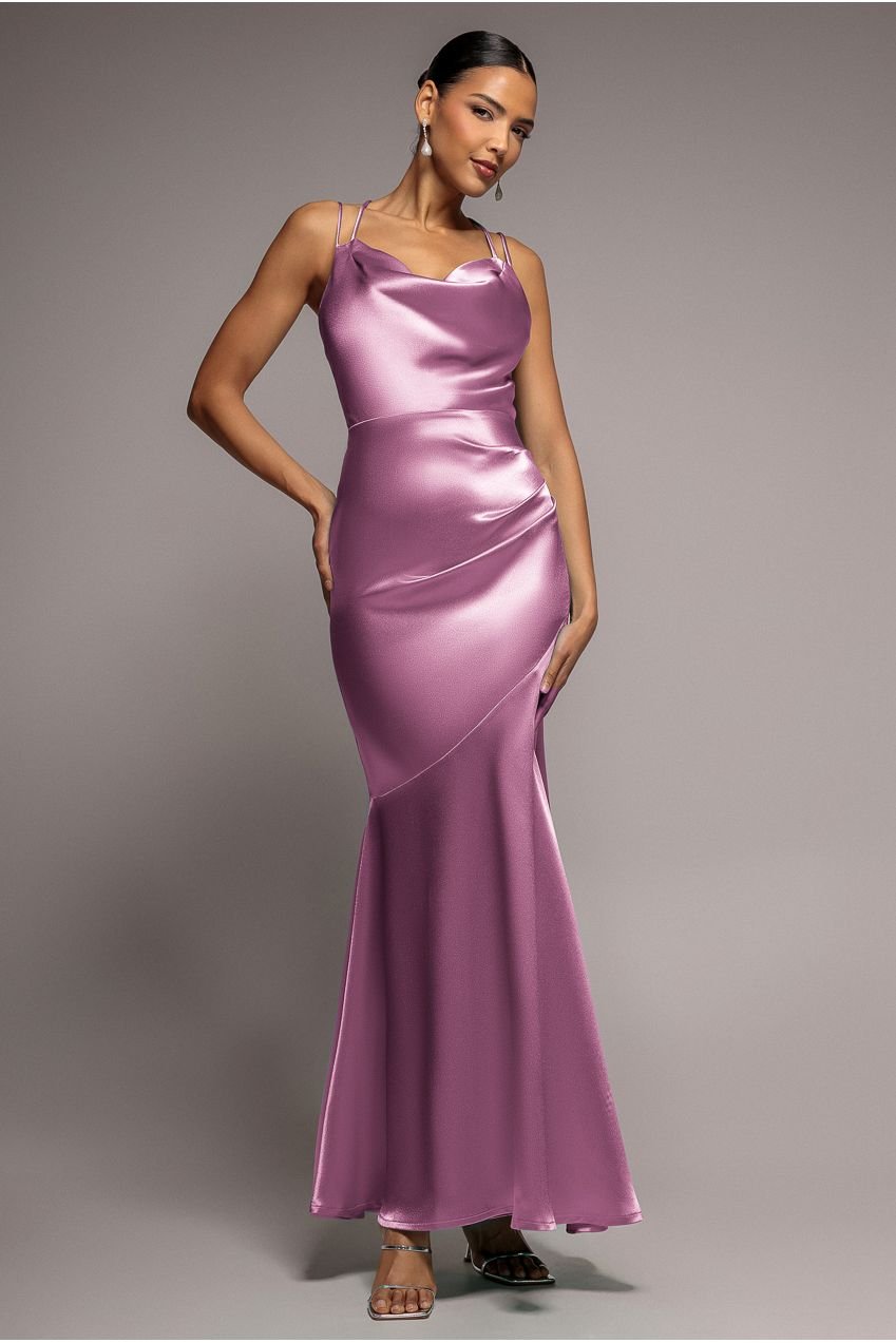 Goddiva Satin Cowl Neck With Strappy Back Maxi – Pink