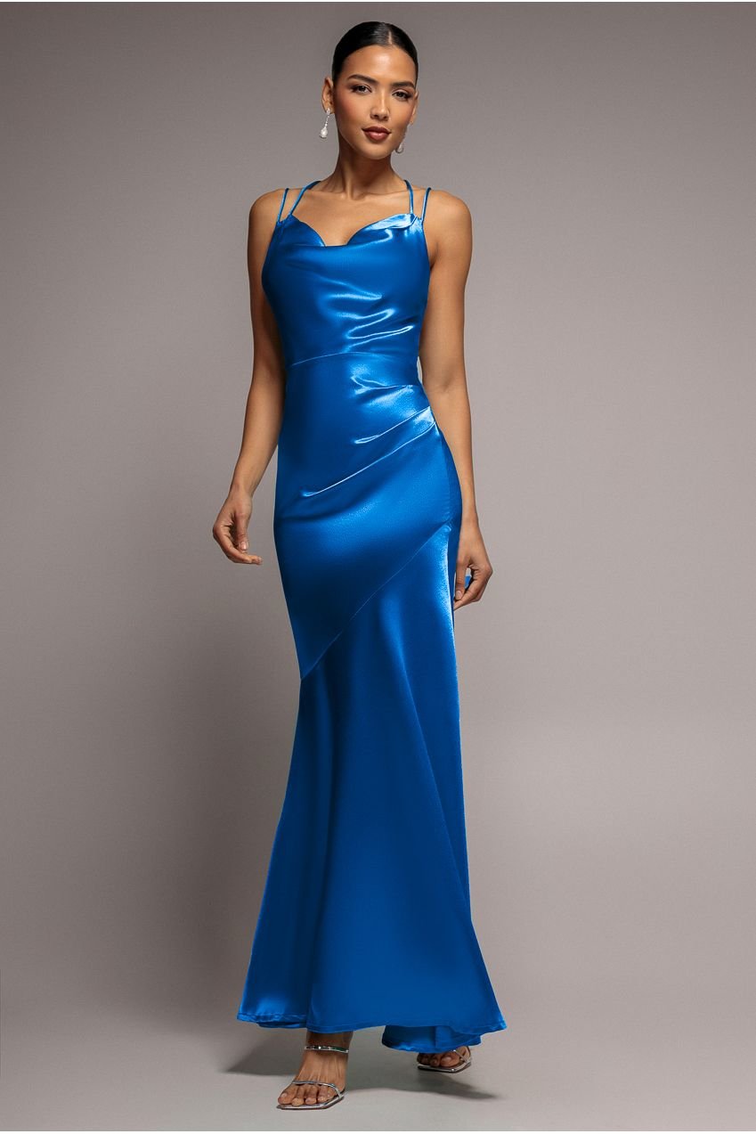 Goddiva Cowl Neck With Strappy Back Satin Maxi – Royal Blue