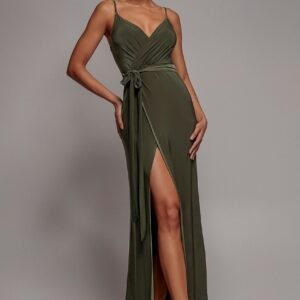 City Goddess Wrap Front Maxi Slip Dress With Waist Tie-Up - Olive Green