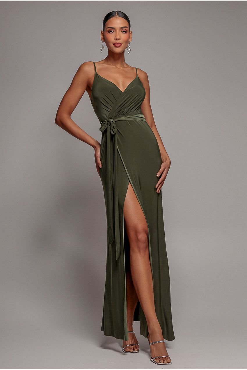 City Goddess Wrap Front Maxi Slip Dress With Waist Tie-Up – Olive Green