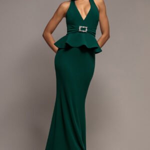 Goddiva Peplum Halter Neck Maxi Dress With Diamante Buckle - Emerald Green