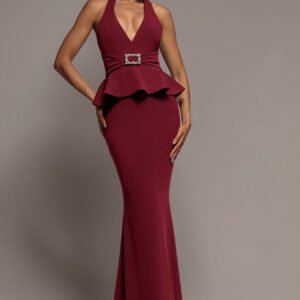Goddiva Peplum Halter Neck Maxi Dress With Diamante Buckle - Wine