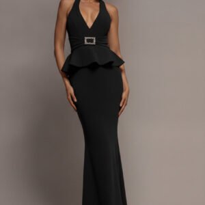 Goddiva Peplum Halter Neck Maxi Dress With Diamante Buckle - Black