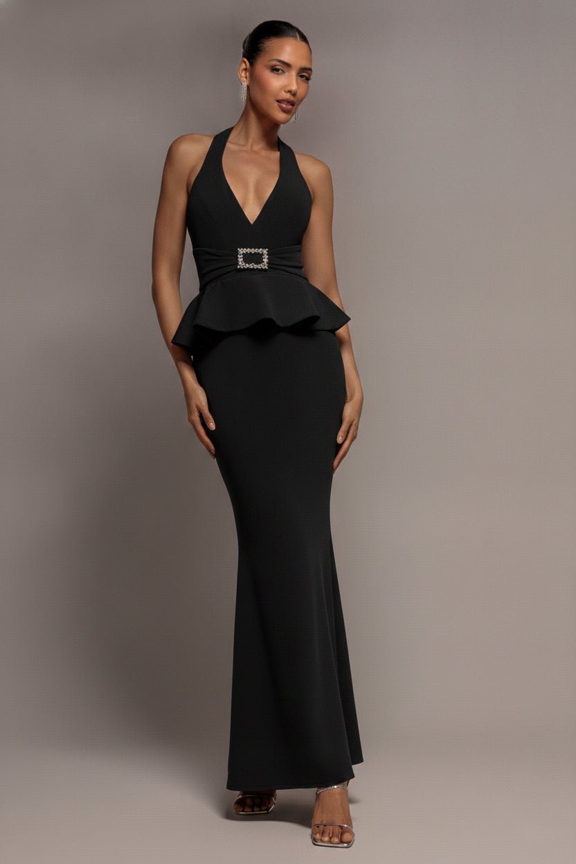 Goddiva Peplum Halter Neck Maxi Dress With Diamante Buckle – Black