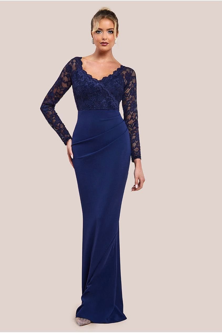 Goddiva Scalloped Lace & Scuba Maxi Dress – Navy