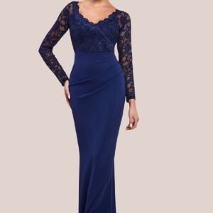 Goddiva Scalloped Lace & Scuba Maxi Dress - Navy