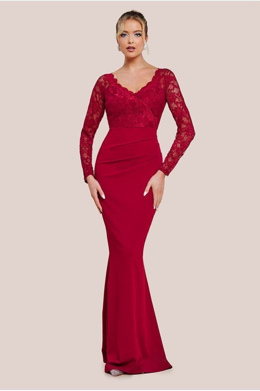 Goddiva Scalloped Lace & Scuba Maxi Dress – Wine