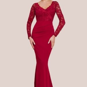 Goddiva Scalloped Lace & Scuba Maxi Dress - Wine