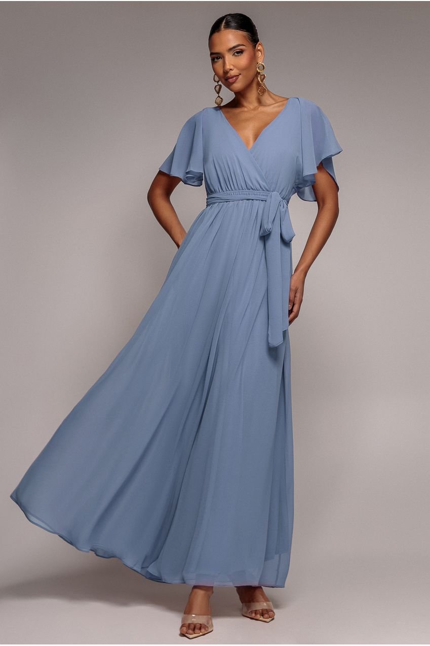 Goddiva Chiffon Flutter Sleeve Wrap Maxi Dress – Airforce Blue