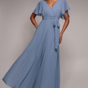Goddiva Chiffon Flutter Sleeve Wrap Maxi Dress - Airforce Blue