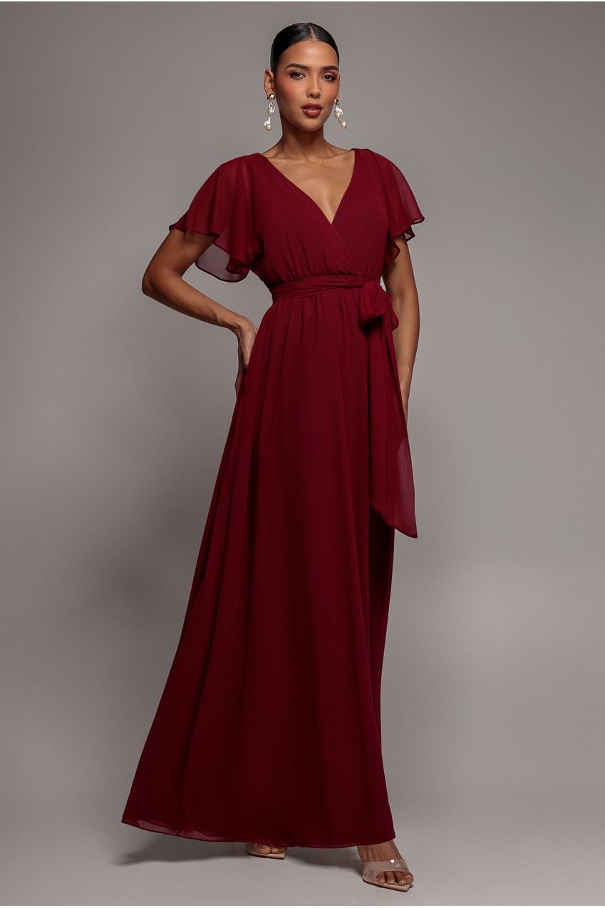 Goddiva Sustainable Chiffon Flutter Sleeve Wrap Maxi Dress – Berry